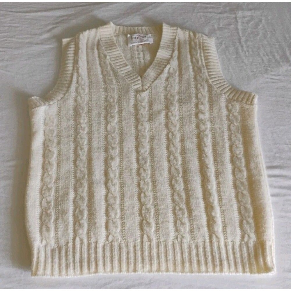 Vintage 70s 80s Jantzen V Neck Sweater Vest USA Made Cream Cable Knit Grandpa M